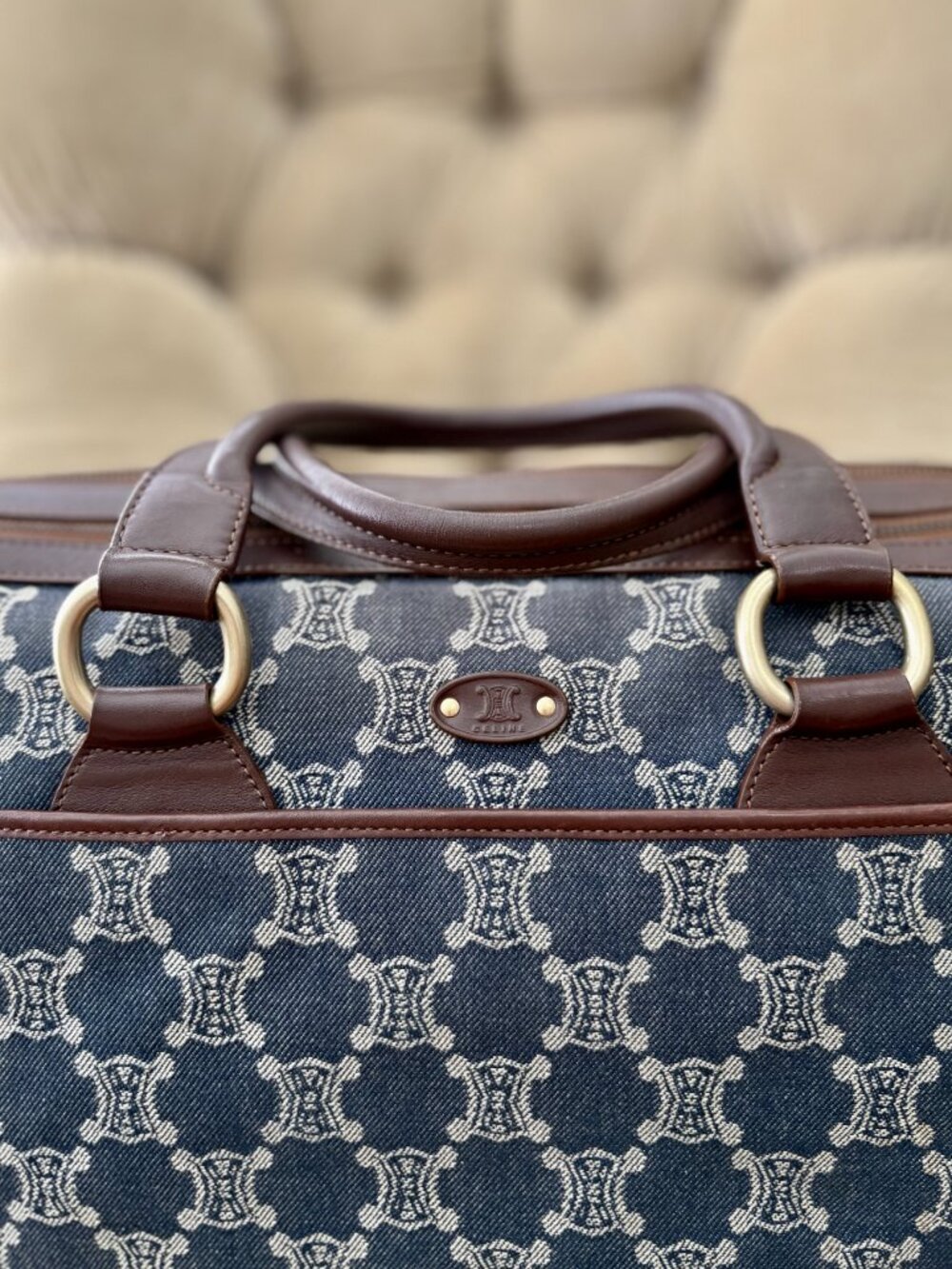 Auth CELINE MACADAM DENIM Indigo Triomphe Satchel Bag GORGEOUS!!! - Picture 8 of 12